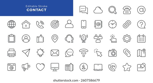 Contact us line icon set. Chat, name, address, email, message, phone and more.  Outline vector icon in linear style. Series of pictograms.	


