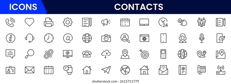 Contact us line icon set. Chat, name, address, email, message, phone and more.Outline vector icon in linear style. Conceptual pictogram collection
