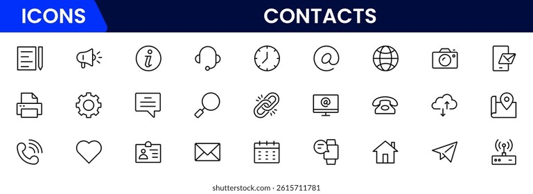 Contact us line icon set. Chat, name, address, email, message, phone and more.Outline vector icon in linear style. Conceptual pictogram collection