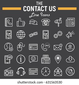 Contact us line icon set, web button symbols collection, mobile and support vector sketches, logo illustrations, linear pictograms package isolated on black background, eps 10.