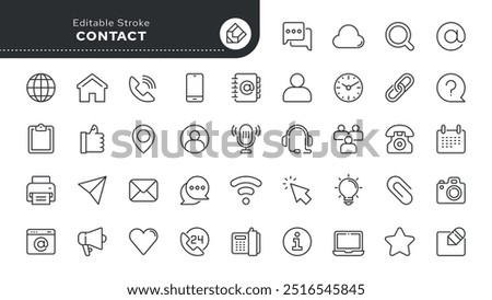 Contact us line icon set. Chat, name, address, email, message, phone and more.Outline vector icon in linear style. Conceptual pictogram collection.	

