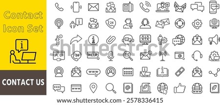 Contact us line icon set. Set contains such icons as Home, Location, Message, Support, Office, Mail. Feedback, customer service, phone, email address, web site minimal vector illustration