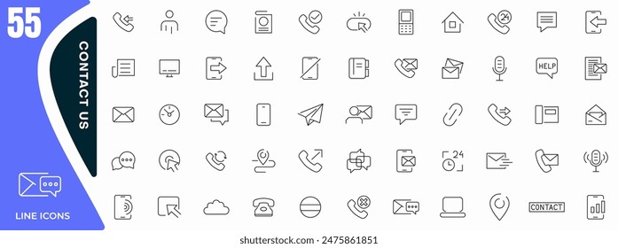 Contact us line icons collection. Contact and communication, chat, support, message, phone, globe, chat, call, info, Call us outline icon set. Thin outline icons pack.
