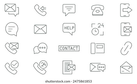 Contact us line icons collection. Contact and communication, chat, support, message, phone, globe, chat, call, info, Call us outline icon set. Thin outline icons pack.