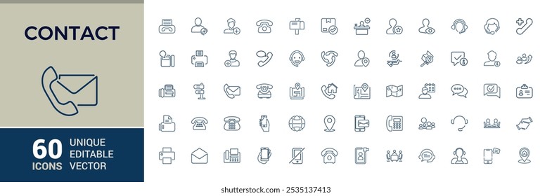 Contáctenos colección de iconos de línea. Incluye teléfono de línea delgada, Dirección, información, mensaje, tarjeta de visita y más. Web minimalista e iconos de interfaz de usuario. Trazo editable. Ilustración vectorial.