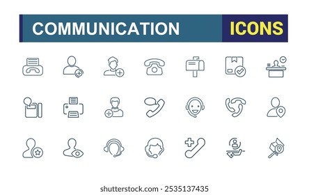 Contáctenos colección de iconos de línea. Incluye teléfono de línea delgada, Dirección, información, mensaje, tarjeta de visita y más. Web minimalista e iconos de interfaz de usuario. Trazo editable. Ilustración vectorial.