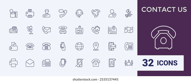 Contáctenos colección de iconos de línea. Incluye teléfono de línea delgada, Dirección, información, mensaje, tarjeta de visita y más. Web minimalista e iconos de interfaz de usuario. Trazo editable. Ilustración vectorial.