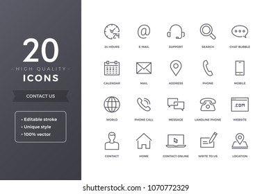 Contact us line icons.  Phone, address and mail icon set with editable stroke