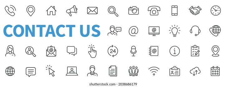 Contact Us Line Icons Set. Contact Us Web Icons In Line Style. Chat, Support, Message, Phone, Globe, Point, Chat, Call, Info - Stock Vector.