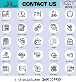 Contact Us Line Icons Set: Modern Outline Symbols for Communication, Support, and Connectivity