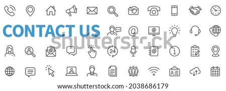 Contact us line icons set. Contact Us web icons in line style. Chat, support, message, phone, globe, point, chat, call, info - stock vector.