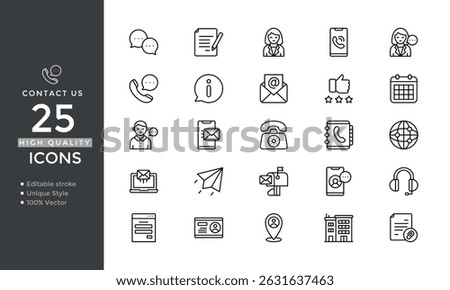 Contact Us Line Icons Set – Communication, Customer Support, Phone, Email, Message – Editable Stroke Vector