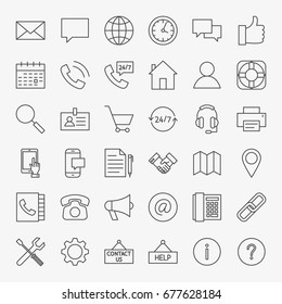 Contáctenos Iconos de línea. Conjunto de Vectores de esquemas de negocios y símbolos de computadora.