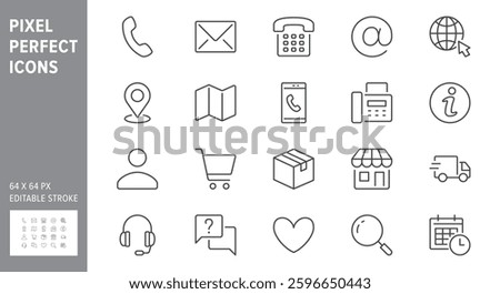 Contact us line icons. Vector illustration include icon - calendar, chat, address, location, landline, office, delivery outline pictogram for customer service. 64x64 Pixel Perfect, Editable Stroke.