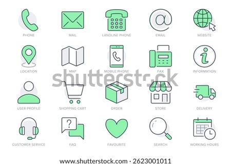 Contact us line icons. Vector illustration include icon - calendar, chat, address, location, landline, office, delivery outline pictogram for customer service. Green color, Editable Stroke.