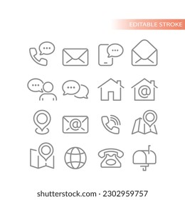 Contáctenos con el conjunto de iconos del vector de línea. Correo, ubicación de dirección, mensaje y chat en línea resaltados iconos.