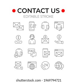 Contáctenos con un icono lineal. Centro de llamadas. Servicio de soporte técnico. Ilustración personalizable de línea delgada. Símbolo de contorno. Dibujo de contorno aislado del vector. Trazo editable