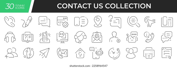 Contact us linear icons set. Collection of 30 icons in black