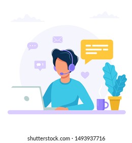 Contact us. Man with headphones and microphone with computer. Concept illustration for support, assistance, call center. Vector illustration in flat style