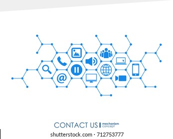 Contact Us mechanism concept. Growth abstract background with integrated meta balls, integrated icon for digital, strategy, internet, network, connect, communicate, technology, global concepts.