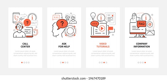 Contact us - modern line design style web banners with copy space for text. Call center, video tutorials, company information, ask for help carousel posts. Technical support and customer service idea