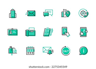 Contact us - modern line design style icons set. Business, company, customer services, management and communication idea. Office, email, chat, location, support, call, social media, planning, fax