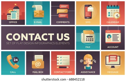 Contact Us - modern vector flat design icons set with communication symbols with gradient colors. Office, e-mail, comments, sms, message, account, fax, form, call, assistance, mail box calendar