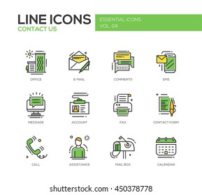 Contact Us - modern vector line design icons and pictograms set with communication symbols. Office, e-mail, comments, sms, message, account, fax, form, call, assistance, mail box calendar