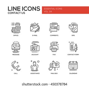 Contact Us - modern vector plain line design icons and pictograms set with communication symbols. Office, e-mail, comments, sms, message, account, fax, form, call, assistance, mail box calendar