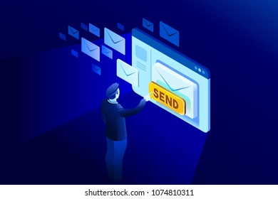 Contact us, new email for receiving newsletter communication. Isometric illustration for web banner, infographics, hero images. Flat vector illustration isolated on blue background.