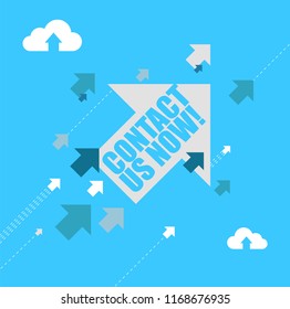 Contact us now multiple arrows following a leader concept, isolated over a blue background