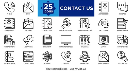 contact us, contact, online, web, support, call icon set. Outline icons collection. Simple vector illustration	
