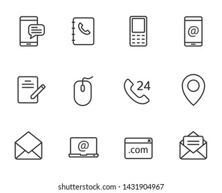 contact us outline vector icon set isolated on white background. contact us line icons for web and ui design. business communication concept