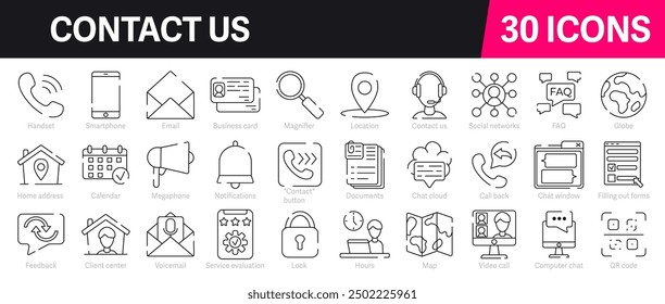 Contact Us Outline Vector Icon Collection. A set of outline icons related to Social Media network, Business card, contact information, link, info phone and more. Editable stroke. Vector illustration