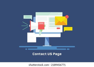 Concepto de página de contacto de EE.UU., publicidad digital, mensajes de correo electrónico, promoción de correo electrónico - ilustración vectorial de diseño plano con iconos