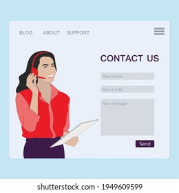 Contáctanos en la página, envíanos de vuelta e interfaz para enviar el mensaje. Línea directa de vectores y comentarios, chat por teléfono, página web en línea, ilustración de soporte para operador web
