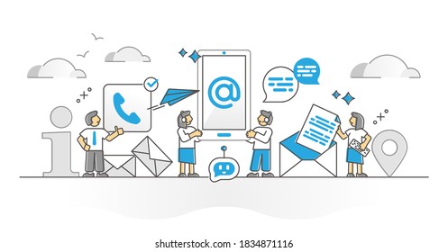 Contact us with phone or email for info assistance monocolor outline concept. Information communication support center for customer and client help vector illustration. Operator feedback hotline scene