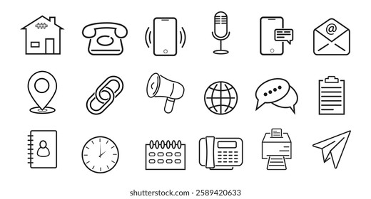 Contact us, phone, mail, and message editable stroke outline icons set isolated on white background flat vector illustration.