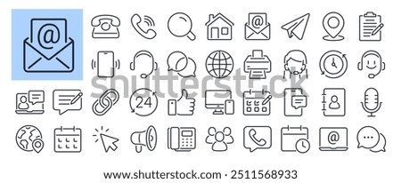 Contact us, phone, mail, and message editable stroke outline icons set isolated on white background flat vector illustration. Pixel perfect. 64 x 64