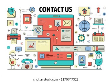 Contact us poster banner template. Vector thin line art flat style design elements, symbols, icons for website banners and printed materials.
