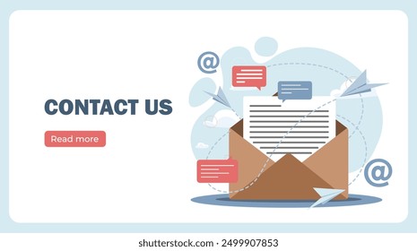 Contact us poster. Envelope with letter. Business correspondence. Advertising and marketing. Corporate email. Technical customer support. Landing page design. Flat vector illustration