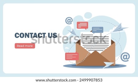 Contact us poster. Envelope with letter. Business correspondence. Advertising and marketing. Corporate email. Technical customer support. Landing page design. Flat vector illustration