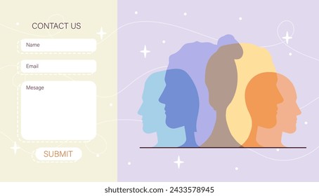 Contact us poster. Landing webpage design. Colrful silhouettes of men and women heads. Psychology and mental health. Template of form for feedback. Cartoon flat vector illustraton