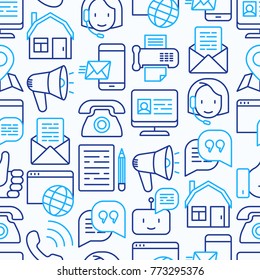 Contact us seamless pattern with thin line icons of telephone, fax, operator call center, e-mail, chat bot, pointer, feedback. Modern vector illustration.