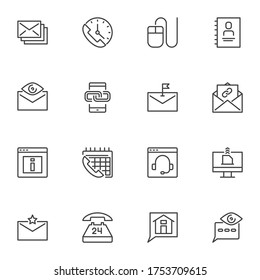 Contact us service line icons set, outline vector symbol collection, linear style pictogram pack. Signs, logo illustration. Set includes icons as 24/7 online support, email phone communication, chat