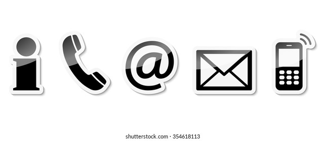 Contact Us set of black colored icons with white frame and reflection