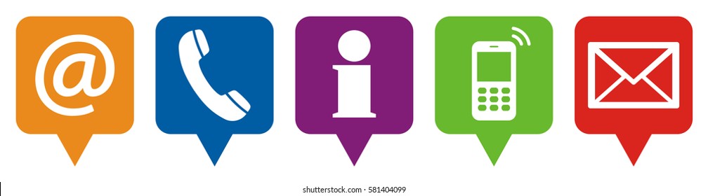 Contact Us, set of five white icons in colored speech bubbles