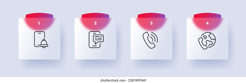 Contact us set icon. Communication, phone, bell, notification, send message, landline, planet, worldwide, online, internet. Business concept. Glassmorphism style. Vector line icon for Advertising.