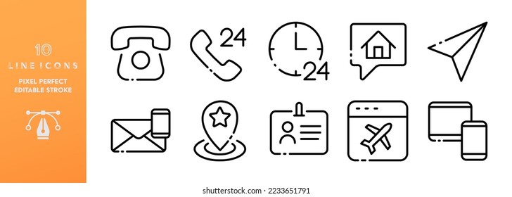 Contact us set icon. Editable stroke. Phone, pointer, send message, handset, calls, check mark, communication, alarm, correspondence, sms, fax. Phone concept. Vector line icon on white background