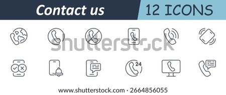 Contact us set icon. Linear icons depict phones, ringing signals, devices, missed calls, chat bubbles, notifications, support availability, and mobile communication tools